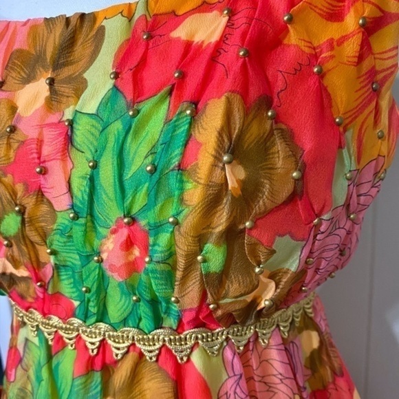 Vintage 60’s/70’s Bright Floral poly‎ crepe chiffon Maxi with Mock Smocking - Picture 5 of 11